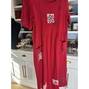 Vtg Red 100% Maxi Dress Womens Med Made in USA Pockets Boho Artsy Grannycore